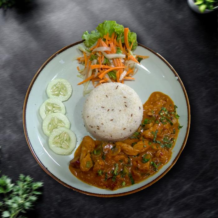 Karahi Chicken, Jeera Rice, Salad