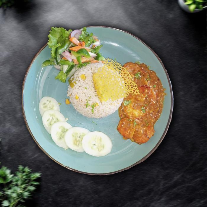 Prawns Masala with Corn Polao and Salad